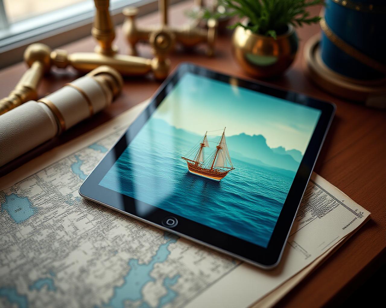 Nautical charts and digital navigation tools on a clean white desk